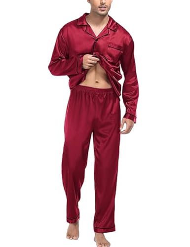 Mens Silk Pajamas Set,Two-Piece Satin Long Sleeve Pajamas Sleepwear with Buttons2