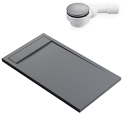 BERNSTEIN Duschtasse 140x80 cm Betonoptik Flache Bauhöhe, Duschwanne aus Mineralguss, Rechteckiges Duschbecken mit Gefälle, Mineralguss-Duschwanne komplett inkl. Ablauf Typ B