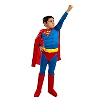 Funidelia Official Superman Deluxe Costume for Boys, Muscle Jumpsuit, Belt, Cape and Boot Covers, Superheroes - Outfit for Kids for Parties, Carnival and Halloween
