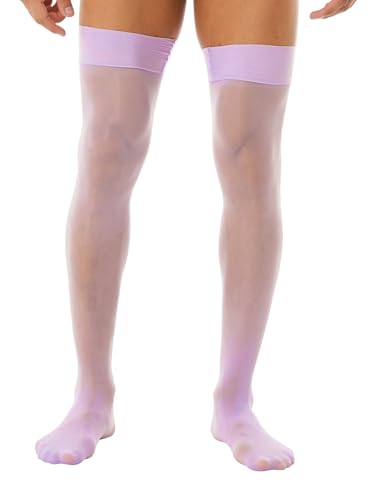 Men's Glossy See-through Stockings Thin Shiny Solid Color Stretchy Sheer Thigh High Socks Lavender One Size