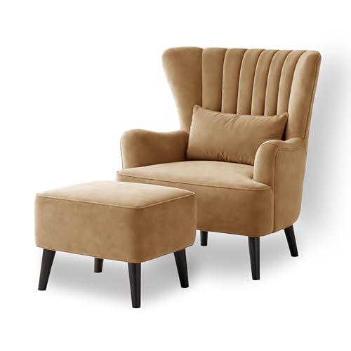 Image of Modern Velvet Wingback Accent Chair with Ottoman & Cushion for Living Room | Premium Upholstered Lounge Chair with Footrest |Golden