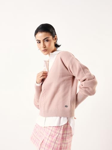 Image of High Star Women Knitted Acrylic Relaxed Fit V Neck Long Sleeve Sweaters