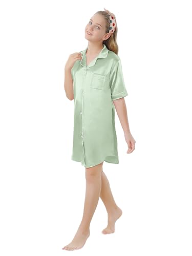 Image of Schbbbta Girls & Women Silk Nightgown, Short Sleeve Button Down Satin Nightshirt Pajama House Dress, 3 Years- Women 2XL