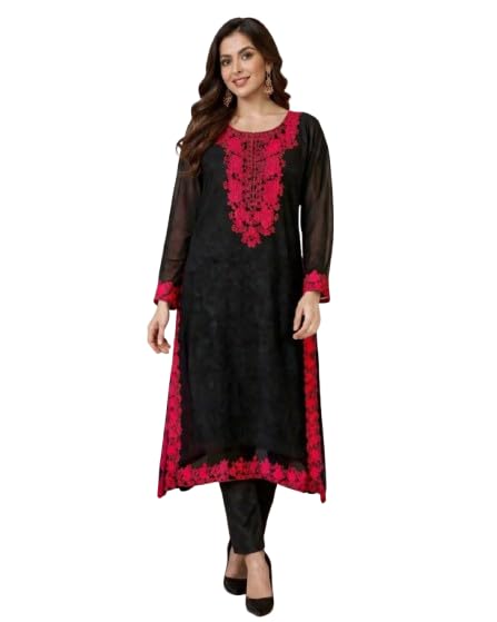 Women’s Black Viscose Rayon Kurta Set with Pink Embroidery Work-image-1
