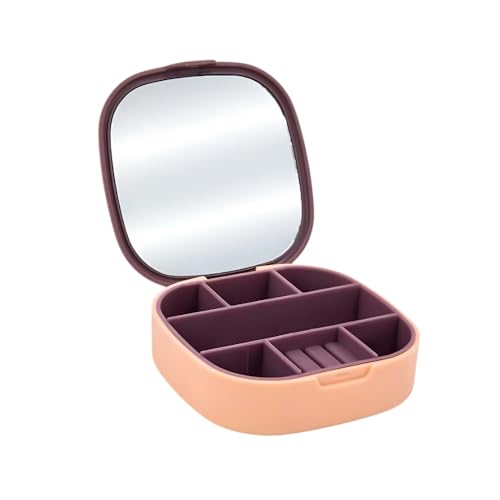 Espelho de Bolsa com Estojo Porta Joias Compacto Organizador de Anéis, Brincos, Colares e Batom – Case Portátil de Viagem, Espelho Facial (Rosa)