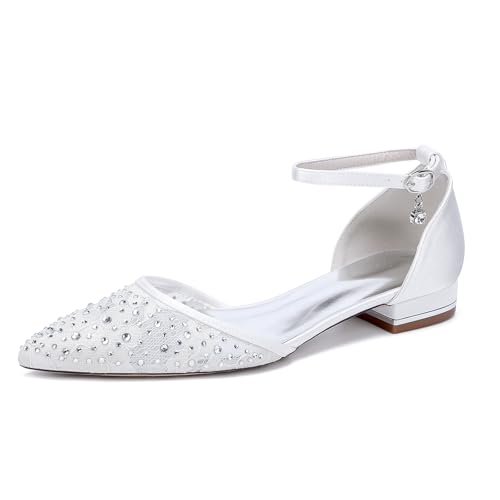 ENWIND Diamantes De Imitación De Malla Planos De Boda para Novia Punta Puntiaguda Zapatos De Vestir De Fiesta Formales Correa Ajustable Bailarinas De Novia,Blanca,39 EU