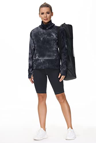 The Gym People Women's Long Sleeve Cowl Neck Loose Fit Workout Hiking Pullover Sweatshirt With Pockets (Medium, Tie Dye Black Grey) #TOP4