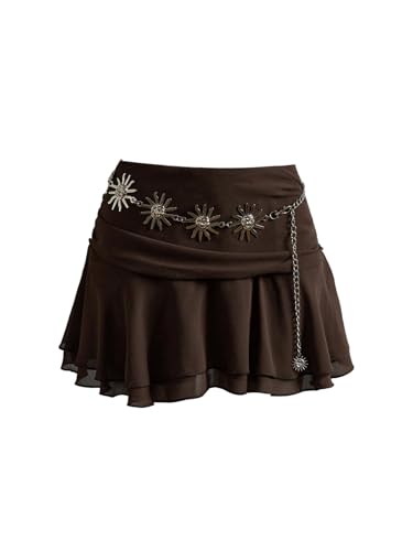 MakeMeChic Women's Fall Brown Mini Skirt Y2K Ruched A Line Ruffle Tiered Flared Hem Short Skirts