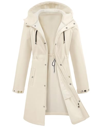 UMIPUBO Women's Softshell Long Rain Jacket Waterproof Fleece Lined Windbreaker Lightweight Insulated Warm up Coat with Hood(Off-White,M)