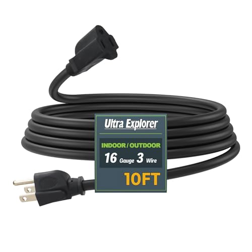 Ultra Explorer 10 Ft Indoor Outdoor Black Extension Cord, 16/3 SJTW Heavy Duty Water-Resistant, 3 Prong Grounded Plug Power Cord for Home Appliance, Lights and Lawn, 13A 1625W, UL Listed