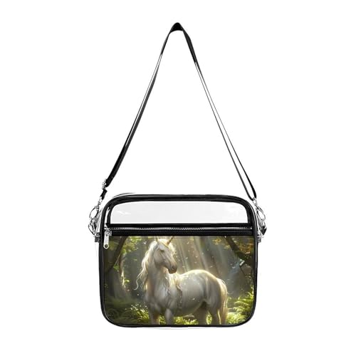 Magical Unicorrn in The Forests Creek Large Clear Stadium Bag Clear Mini Messenger Bags with 2 Compartments Crossbody Bag