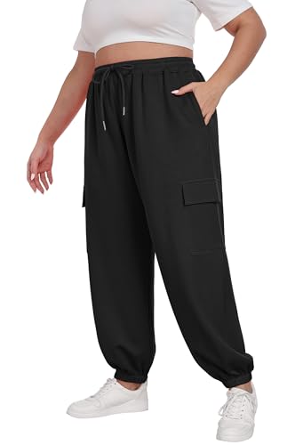 OLRIK Plus Size Cargo Sweatpants for Women Adjustable Drawstring Joggers Loose Fit Lounge Trousers with Pockets 2025