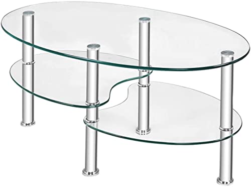 Moccha - Mesa de centro de cristal, mesa de té ovalada de vidrio liso de 3 niveles con amplio escritorio de vidrio y patas cromadas resistentes, mesa auxiliar para el hogar, sala de estar, oficina