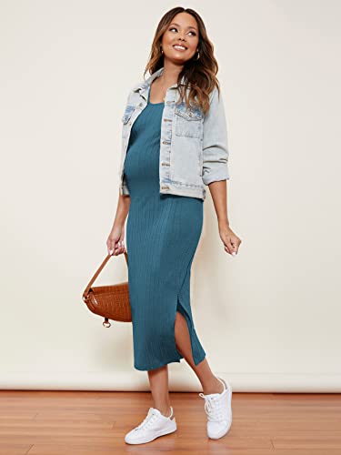 Romwe Women's Maternity Rib Knit Split Side Sleeveless Bodycon Tank Pencil Dress Teal Blue Xl #TOP3
