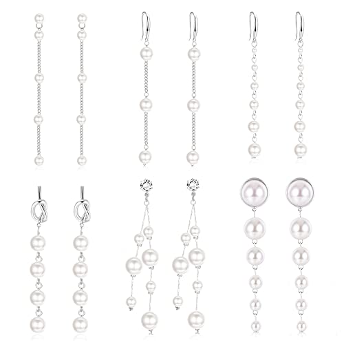 HAIAISO 6 Pairs Long Pearl Earrings for Women - 14K Gold Plated Tassel Drop Dangle Threader Earrings - Jewelry Gifts