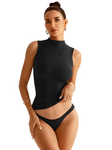 Women Sleeveless Mock Turtle Neck Tops Double Lined Fitted Tank Tops Basic T Shirts 20254