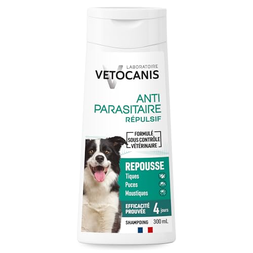 Vetocanis - Shampoing pour Chien - Anti-puces et Anti-tiques- Convient à tous types de Poils - A l'extrait de Plantes - Effet Répulsif - Sans Parabène ni Silicone - 300 ml