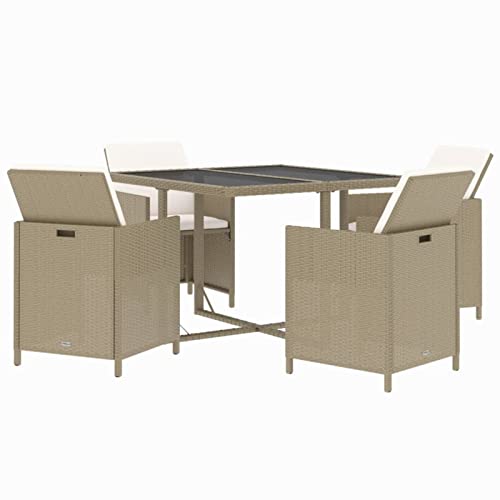Gecheer 5-TLG. Polyrattan Sitzgruppe 4 Personen Gartenmöbel Set 4 Stühle mit Tisch Balkon Möbel Terrassenmöbel Gartenlounge Set Gartengarnitur Sitzgarnitur Garten Essgruppe mit Auflagen Beige