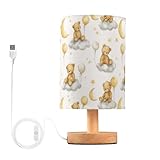 Table Lamp Teddy Bears Nightstand lamp Fabric Lamps with Wood Base Fabric Shade Bedside Desk Lamps for Bedroom Living Kids Room Desk Nursery Office Cute Stars Home Decor