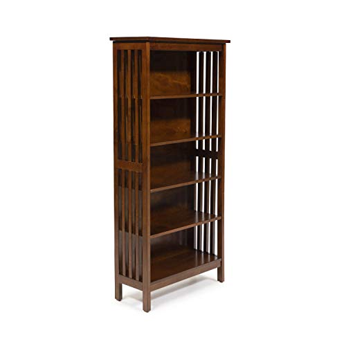 24/7 Shop at Home Mission Vintage Small Bookcase For Small Spaces 46-Inch Tall 5 Tier Bookshelf Antique Style Slat Design Solid Wood For Living Room Movie DVD Home Office Antique Oak