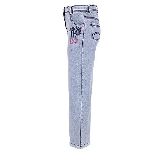 Image of Cutecumber Girls Cotton Rich Denim Wide-Leg Jeans - Side Panel Printed with Floral Ribbon Accessory, Stylish Casual Outfit for Baby Girls & Kids (Age 1-15 Years)