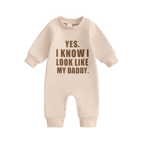 Image of Covvoliy Baby Boy Girl Fall Jumpsuit Letter Print Round Neck Long Sleeve Full Length Romper Baby Clothing (Beige, 6-12 Months)