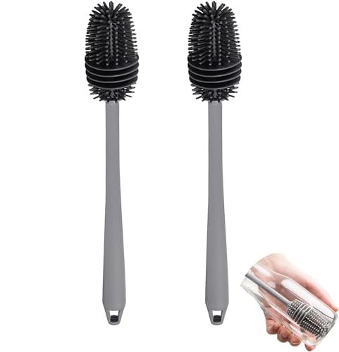 Cepillo de Limpieza de Silicona con Mango Largo para electrodomésticos de Cocina, cepillos, Cepillo de Vidrio para Botellas, frascos de vacío, jarrones, cristalería, Gris (Paquete de 2)