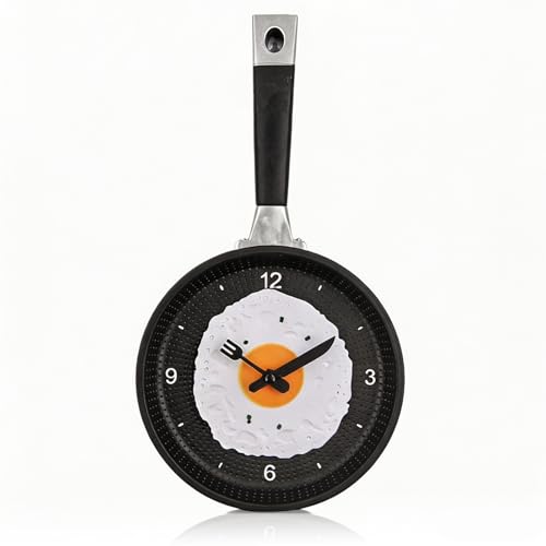 Tomedny Egg Frying Pan Wall Clock, Kitchen Cafe Wall Clock Decorative 3D Pan Shape Modern Design for Bedroom Living Room Kitchen (Black)