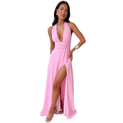 Image of ANKOMINA Women's Sexy V Neck Halter Backless Maxi Dress Ruched High Split Long Bodycon Dresses for Party Cocktail Evening