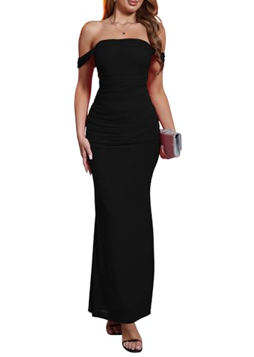 MOEENCN Mesh Ruched Bodycon Long Dress Women Off Shoulder Mermaid Hem Midi Dresses Party Night Outfits