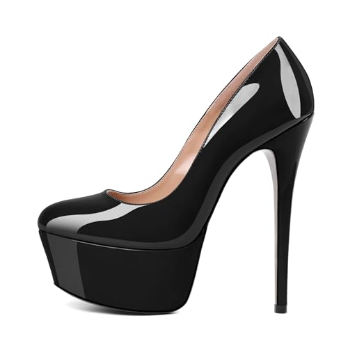 Eldof Womens High Heel Platform Pumps Round Toe Sky High Stilettoes 6' Party Dress Platform Black US 9