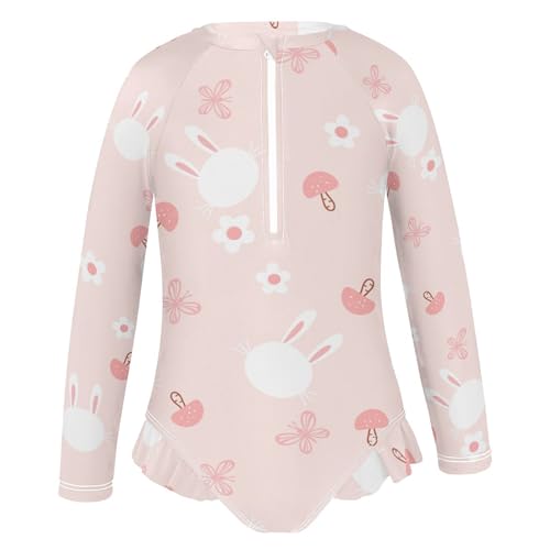 Bunny on Pink Girls Swimsuit One Piece Rash Guard Girls' Swimwear Long Sleeve Swimsuits for Girl Size 3-12T