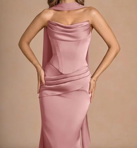 Satin Bridesmaid Dresses with Scarf Strapless Long Mermaid Formal Dress for Women4