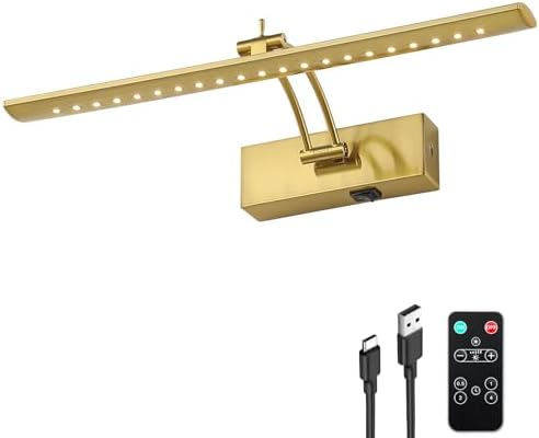 JOOSENLUX Battery Operated Picture Light - Wireless Art Display Light with Dimmer, Timer Off and Swing Arm, 5000mAh Rechargeable Battery, 16-Inch Brass Wireless Wall Sconce