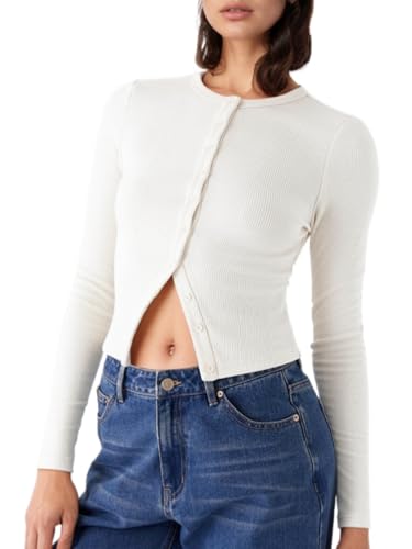 Ribbed Long Sleeve Cardigan for Women, Button Down Slim Fit Crop Top Going Out Cute Casual Trendy Blouses