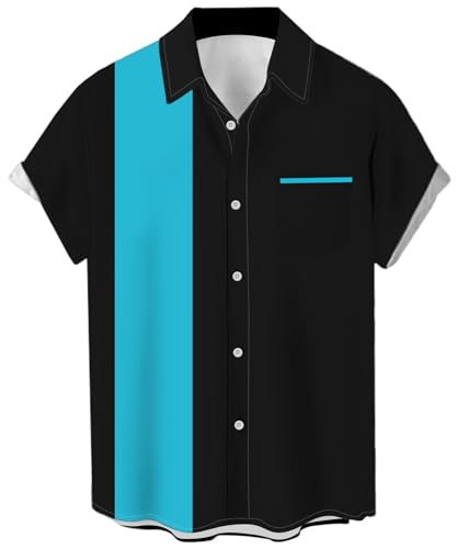 Photo de Chemises de bowling vintage des années 1950 pour hommes, chemises cubaines décontractées à manches courtes boutonnées contrastées pour l'été, Atoll bleu et noir, Taille 4XL