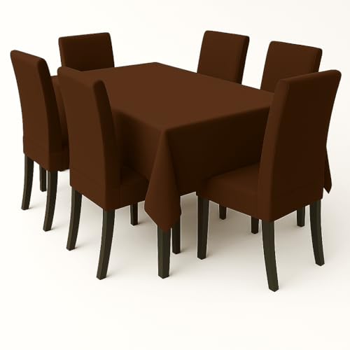 Image of Styleys Dining Chair Cover with Table Covers for Kitchen Waterproof Dining Table Cloth (1 Table Cover + 6 Chair Cover, Brown, CTSD17)