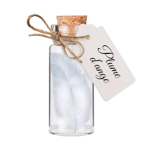 Plume blanche d'ange gardien dans une fiole en verre pour cadeau hommage, deuil, condoléance, réconfort, protection ou cabinet de curiosités