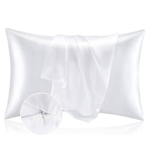 BEDELITE Satin Pillowcase with Zipper 2 Pack White Pillow Cases Standard Size Super Soft and Cooling Similar to Silk Pillow Cases Gift for Women Men(20x26 Inches)