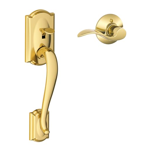 Image of Schlage FE285 CAM 505 ACC 605 RH Camelot Front Entry Handleset with Right-Handed Accent Lever, Lower Half Grip, Bright Brass