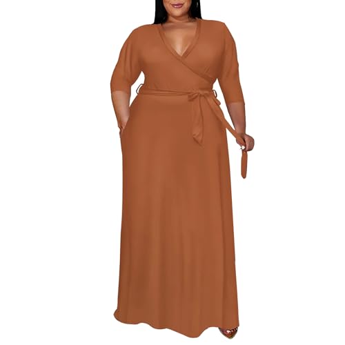 Image of Runwind Plus Size Dress for Women - 3 /4 Sleeve V Neck Maxi Dresses for Women (XL-6XL)