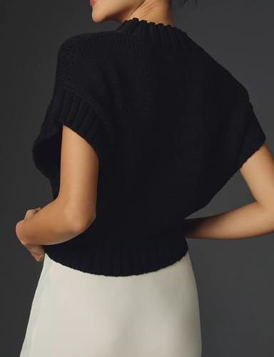 Image of Womens Mock Neck Cap Sleeve Sweater Vest Casual Solid Cropped Tank Tops Pullover Sweaters
