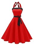 Timormode Women Vintage 1950s Halter Neck Lace Up Back Cocktail Party Swing Dresses Red S