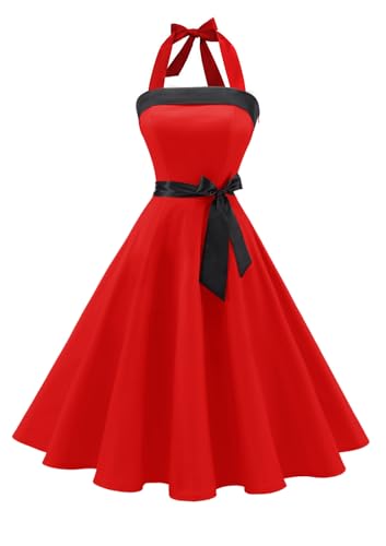 Timormode Damen Vintage Cocktailkleid Knielang Neckholder Swing Retro Rockabilly Kleid XL Rot