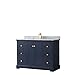 Avery 48 Inch Single Bathroom Vanity in Dark Blue, White Carrara Marble Countertop, Undermount Square Sink, and No Mirror
