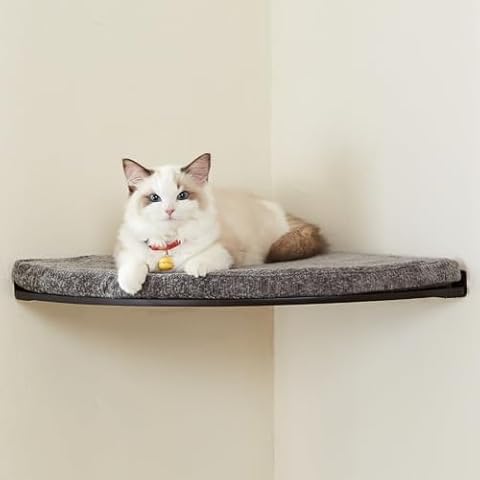 LIORCE Wall Mounted Corner Cat Bed - Cat Shelf with Comfortable Cushion - Minimalistic Cat Furniture for Indoor Cats - Climbing Cat Perch for Wall, Walnut Cover