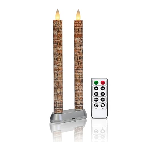 Image of Rechargeable Flameless Tealights Candle with Remote Timer, 3D Moving Flame Real Wax Candles (Includes Remote Control, Charging Base, and USB Cable) (Rech-2Taper-Palm Bark, 9in)