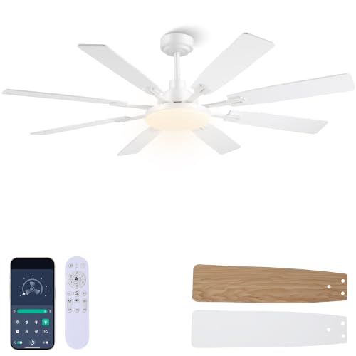 Image of JSAITEE 60In Ceiling Fans with Lights - White Low Profile Fan Light with 8 Blades, 6 Wind Speeds Reversible, Dimmable, Modern Light Fixture for Indoor Living Room, Kitchen, Coverd Patios