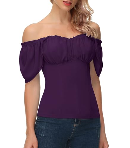 Off Shoulder Tops for Women 2025 Renaissance Summer Tops Short Sleeve T Shirts Casual Slim Fit Peasant Top Purple XL