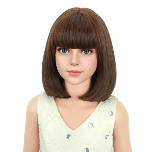 Image of PATTNIUM Kids Short Brown Bob Wig Child Girls Chocolate Brown Bob wig with Bangs Cosplay Party Synthetic Wig Rose Net Daily Wear Wig